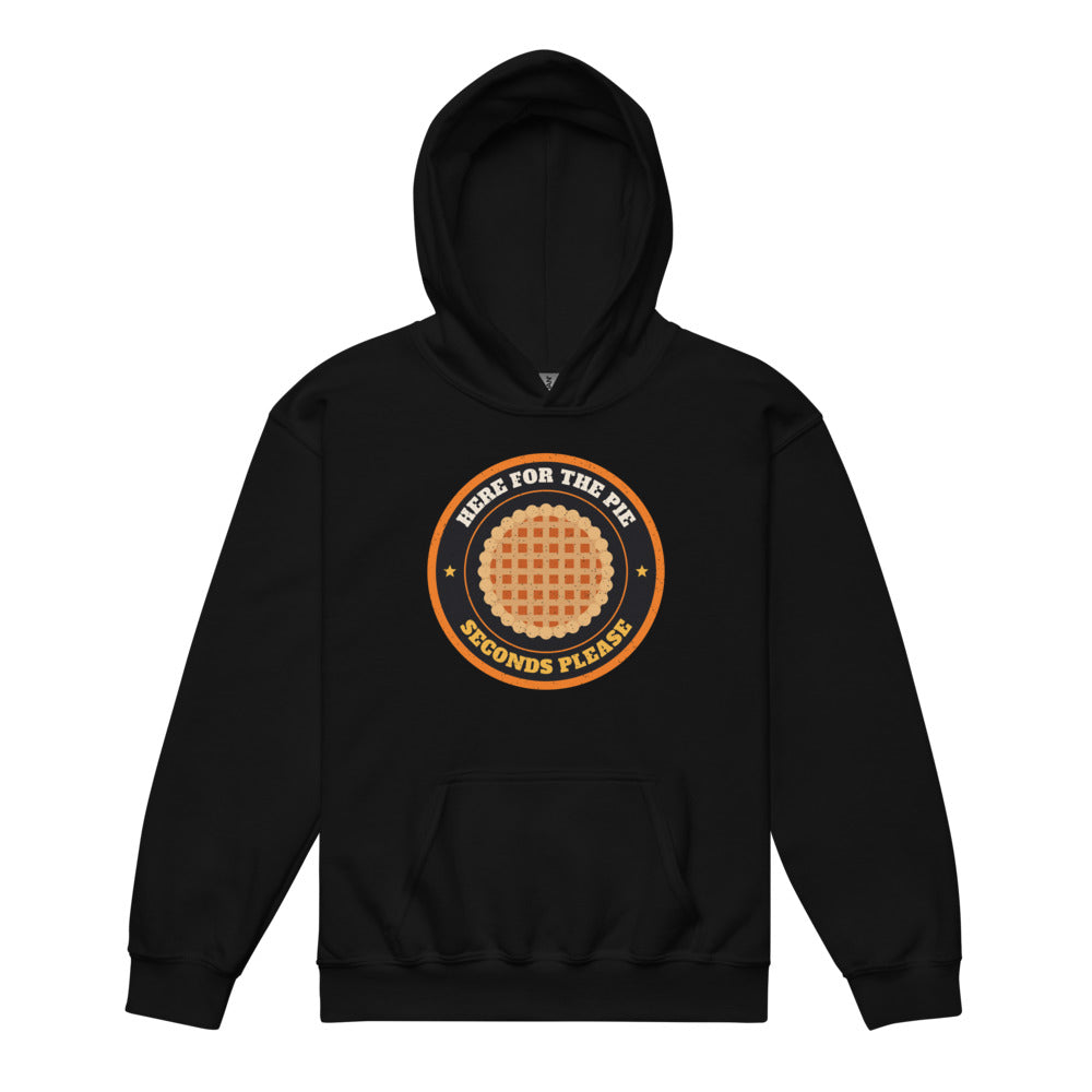Here for the Pie Kids Hoodie in black, mockup of the design printed on the front of the kids hoodie