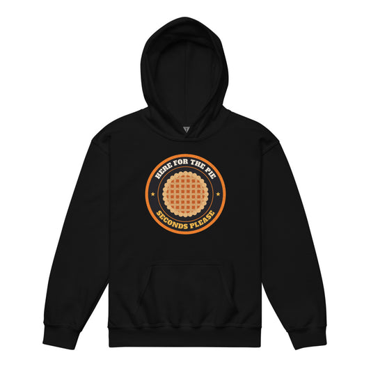 Here for the Pie Kids Hoodie in black, mockup of the design printed on the front of the kids hoodie