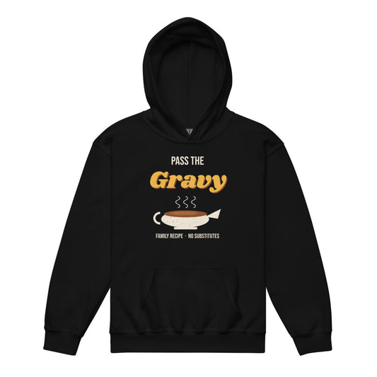 Pass the Gravy Kids Hoodie in black, mockup of the design printed on the front of the kids hoodie