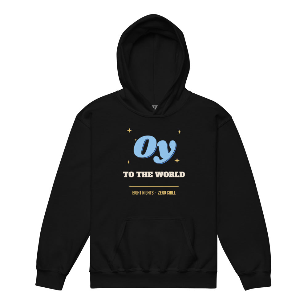 Oy to the World Kids Hoodie in black, mockup of the design printed on the front of the kids hoodie