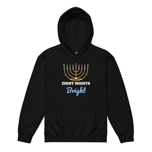 Eight Nights Bright Kids Hoodie in black, mockup of the design printed on the front of the kids hoodie