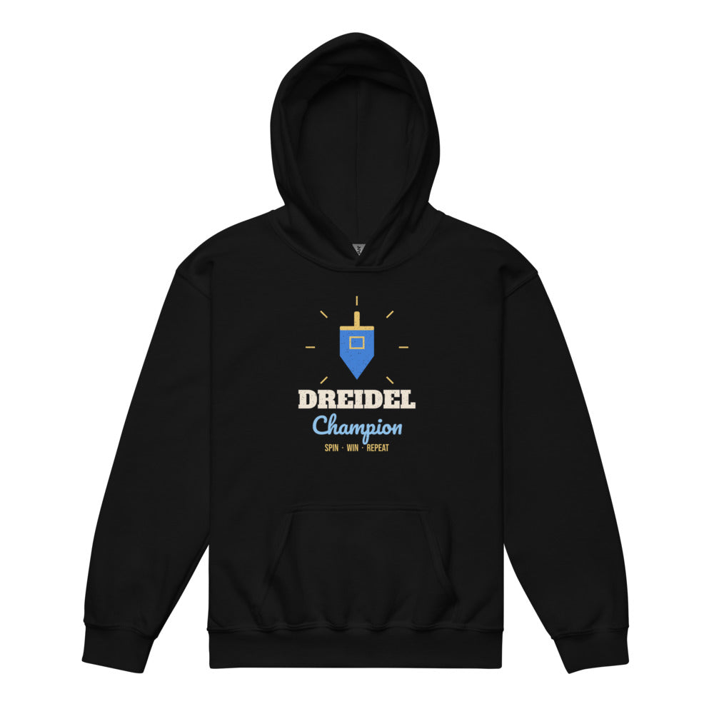 Dreidel Champion Kids Hoodie in black, mockup of the design printed on the front of the kids hoodie