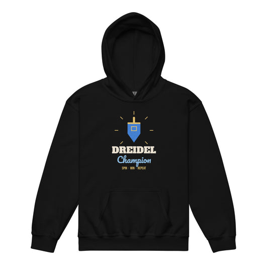 Dreidel Champion Kids Hoodie in black, mockup of the design printed on the front of the kids hoodie