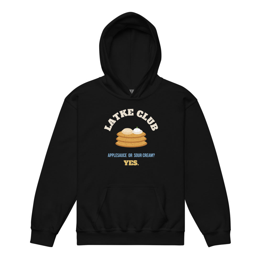 Latke Club Kids Hoodie in black, mockup of the design printed on the front of the kids hoodie