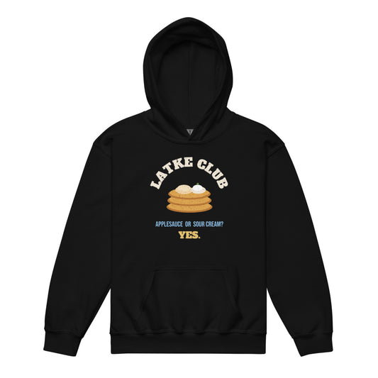 Latke Club Kids Hoodie in black, mockup of the design printed on the front of the kids hoodie