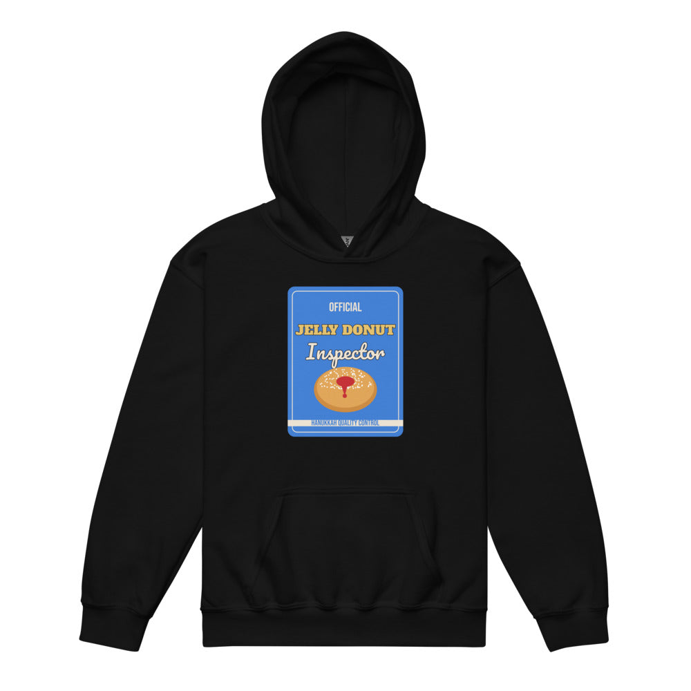 Jelly Donut Inspector Kids Hoodie in black, mockup of the design printed on the front of the kids hoodie