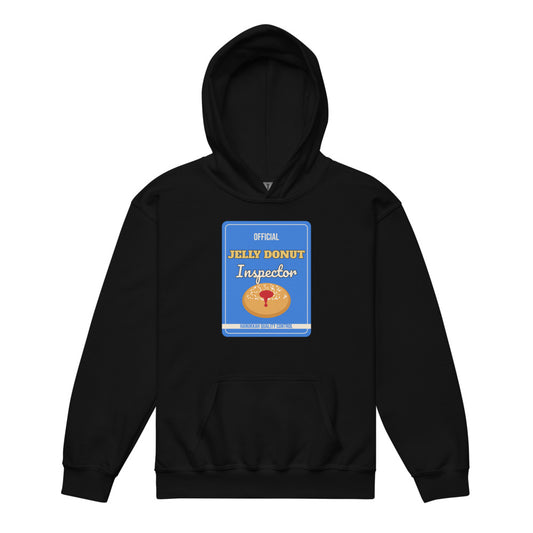 Jelly Donut Inspector Kids Hoodie in black, mockup of the design printed on the front of the kids hoodie