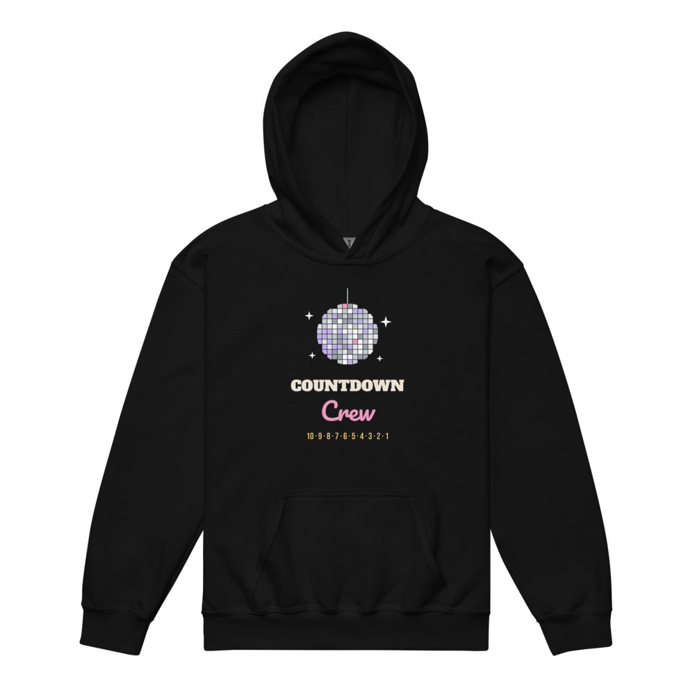Countdown Crew Kids Hoodie in black, mockup of the design printed on the front of the kids hoodie