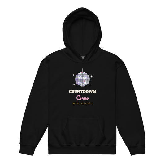 Countdown Crew Kids Hoodie in black, mockup of the design printed on the front of the kids hoodie