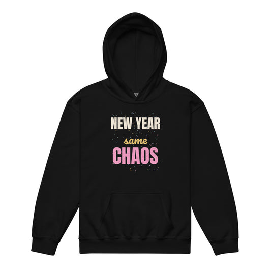 New Year Same Chaos Kids Hoodie in black, mockup of the design printed on the front of the kids hoodie