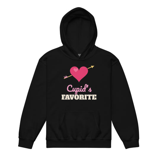 Cupid's Favorite Kids Hoodie in black, mockup of the design printed on the front of the kids hoodie