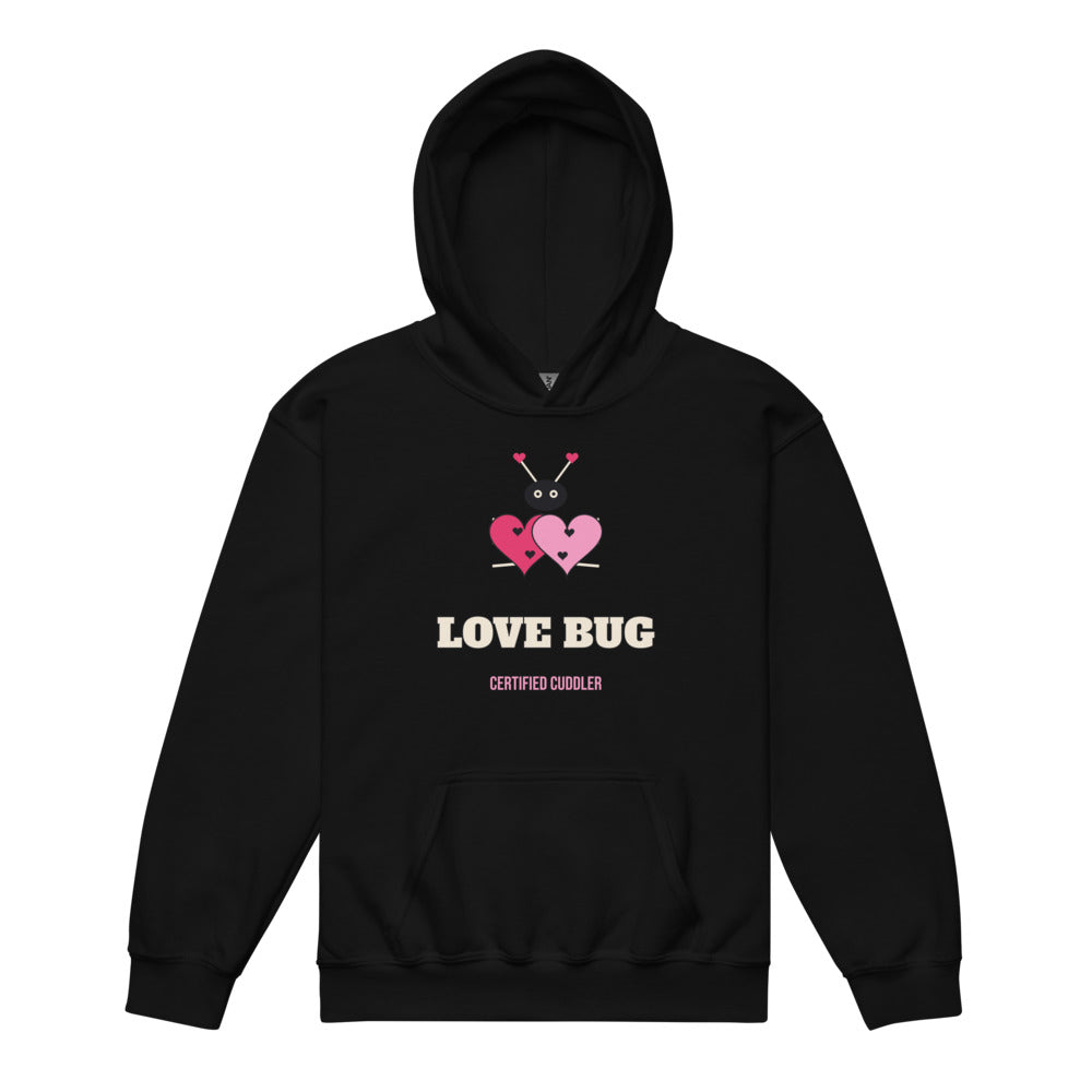 Love Bug Kids Hoodie in black, mockup of the design printed on the front of the kids hoodie