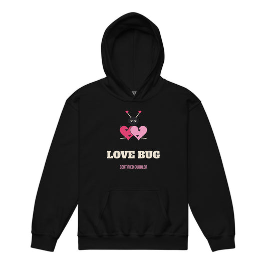 Love Bug Kids Hoodie in black, mockup of the design printed on the front of the kids hoodie