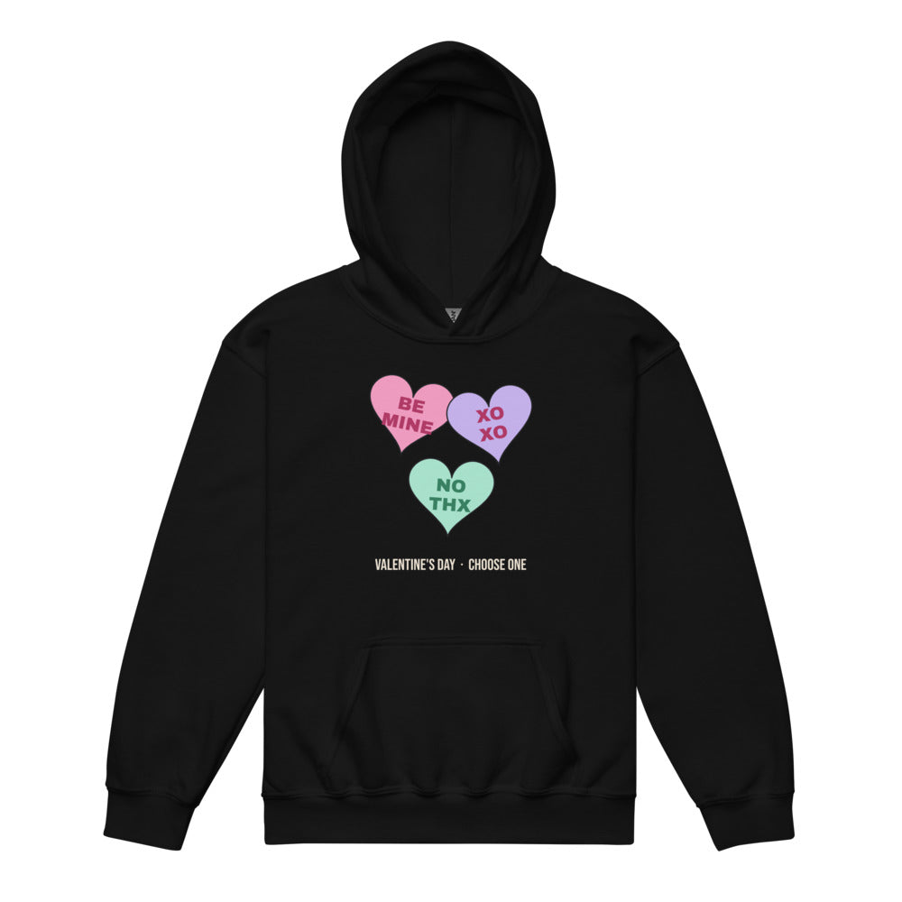 Candy Heart Mood Kids Hoodie in black, mockup of the design printed on the front of the kids hoodie