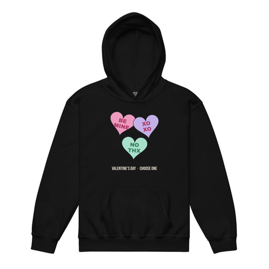 Candy Heart Mood Kids Hoodie in black, mockup of the design printed on the front of the kids hoodie