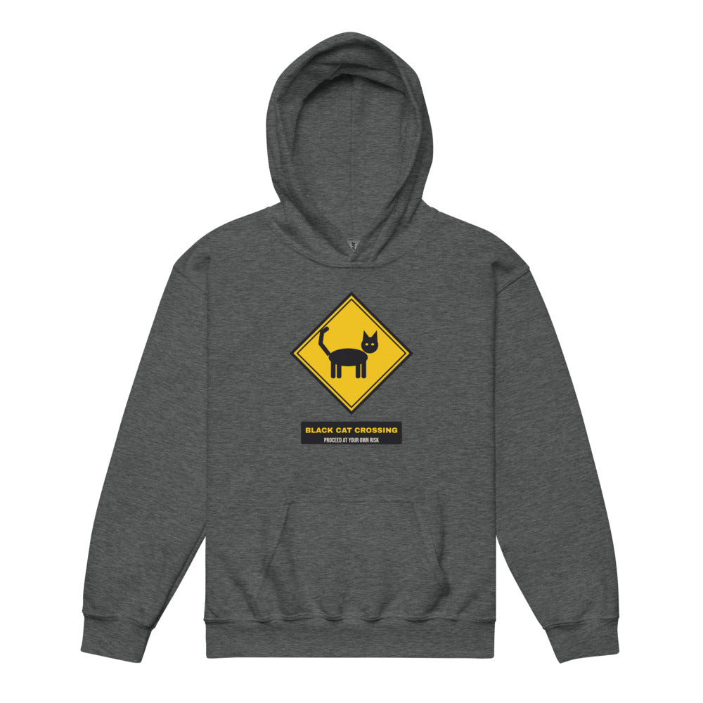 Black Cat Crossing Kids Hoodie in dark heather, mockup of the design printed on the front of the kids hoodie
