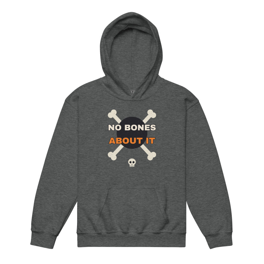 No Bones About It Kids Hoodie in dark heather, mockup of the design printed on the front of the kids hoodie