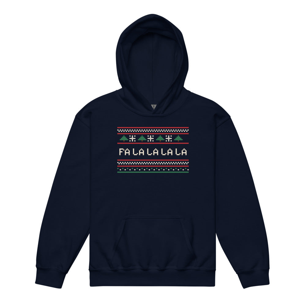 Fa La La Knit Kids Hoodie in navy, mockup of the design printed on the front of the kids hoodie
