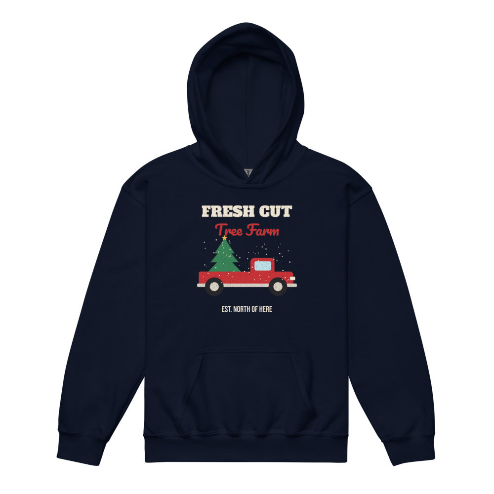 Fresh Cut Tree Farm Kids Hoodie in navy, mockup of the design printed on the front of the kids hoodie