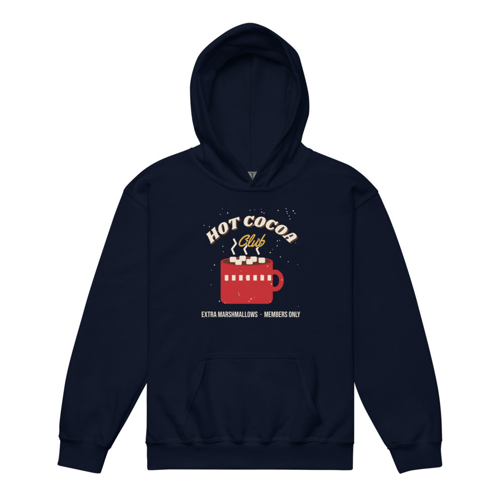 Hot Cocoa Club Kids Hoodie in navy, mockup of the design printed on the front of the kids hoodie