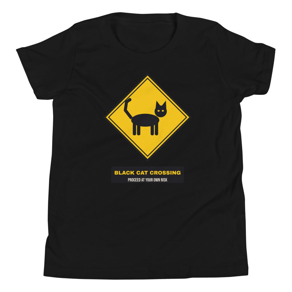 Black Cat Crossing Kids Tee in black, mockup of the design printed on the front of the kids tee