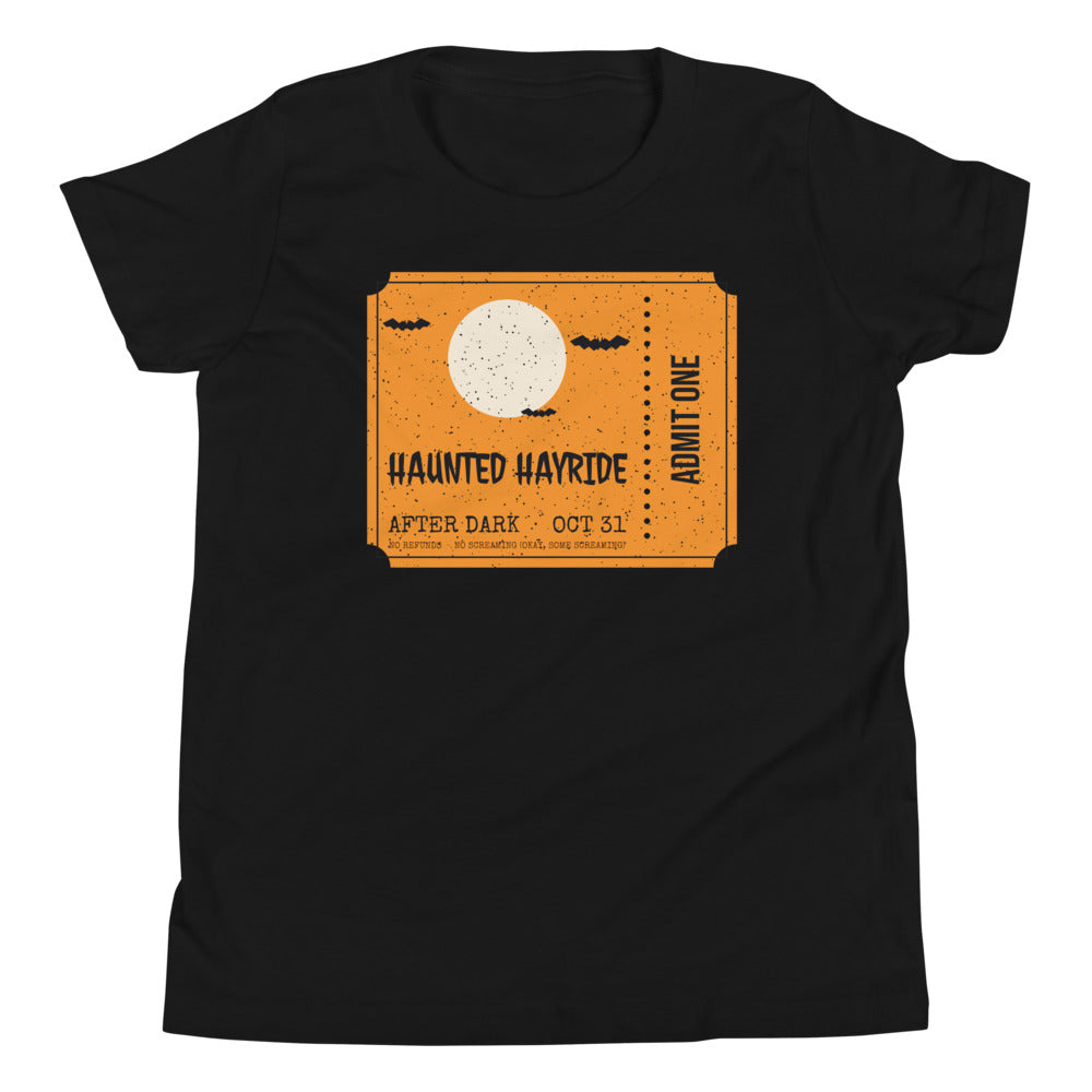 Haunted Hayride Kids Tee in black, mockup of the design printed on the front of the kids tee