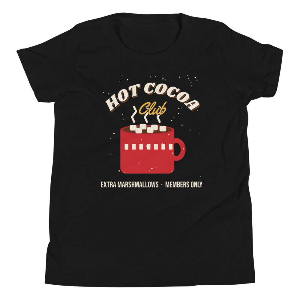 Hot Cocoa Club Kids Tee in black, mockup of the design printed on the front of the kids tee