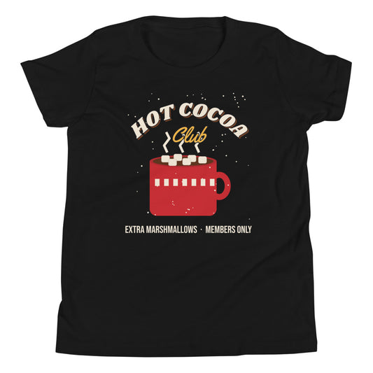 Hot Cocoa Club Kids Tee in black, mockup of the design printed on the front of the kids tee