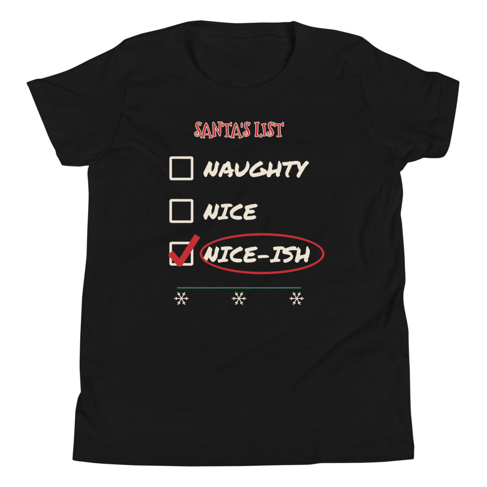Nice-ish Kids Tee in black, mockup of the design printed on the front of the kids tee