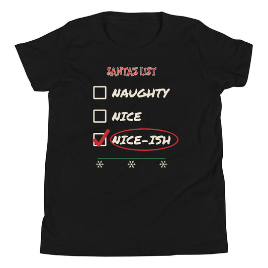 Nice-ish Kids Tee in black, mockup of the design printed on the front of the kids tee