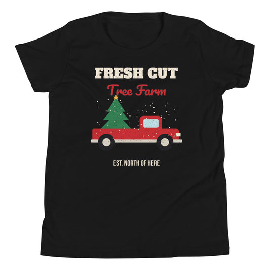 Fresh Cut Tree Farm Kids Tee in black, mockup of the design printed on the front of the kids tee