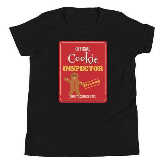 Cookie Inspector Kids Tee in black, mockup of the design printed on the front of the kids tee