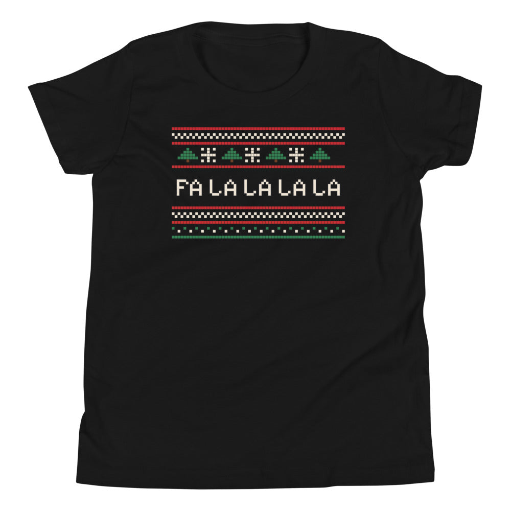 Fa La La Knit Kids Tee in black, mockup of the design printed on the front of the kids tee
