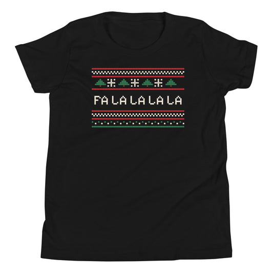 Fa La La Knit Kids Tee in black, mockup of the design printed on the front of the kids tee