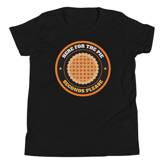 Here for the Pie Kids Tee in black, mockup of the design printed on the front of the kids tee