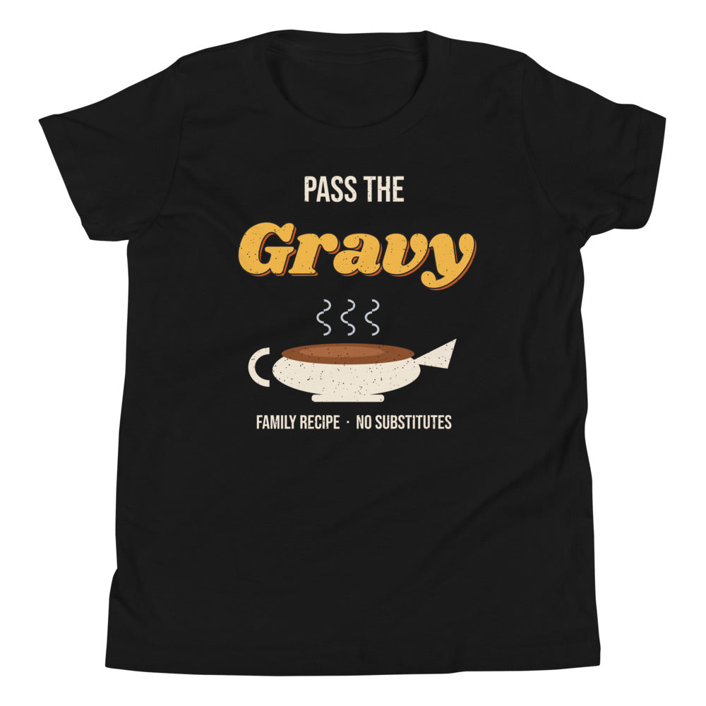 Pass the Gravy Kids Tee in black, mockup of the design printed on the front of the kids tee