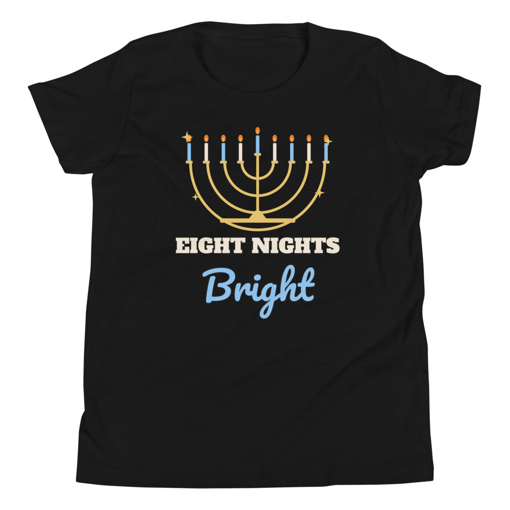 Eight Nights Bright Kids Tee in black, mockup of the design printed on the front of the kids tee