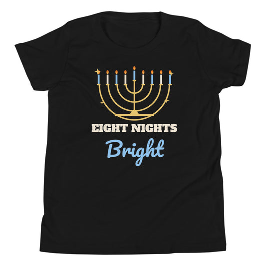 Eight Nights Bright Kids Tee in black, mockup of the design printed on the front of the kids tee