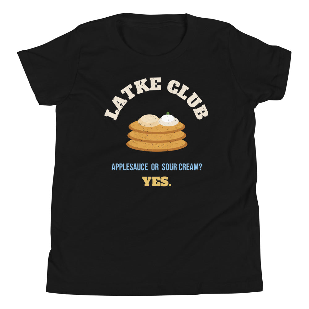 Latke Club Kids Tee in black, mockup of the design printed on the front of the kids tee