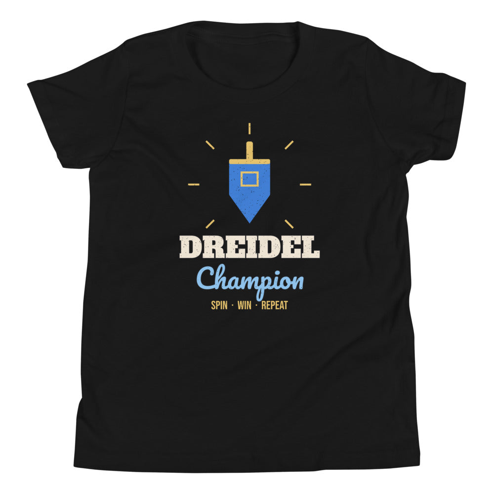 Dreidel Champion Kids Tee in black, mockup of the design printed on the front of the kids tee