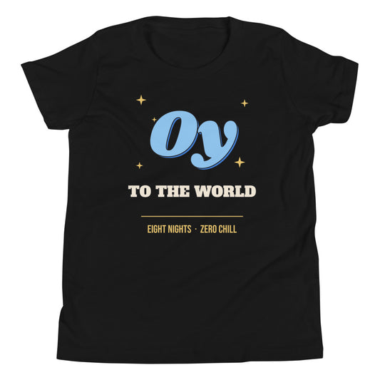 Oy to the World Kids Tee in black, mockup of the design printed on the front of the kids tee
