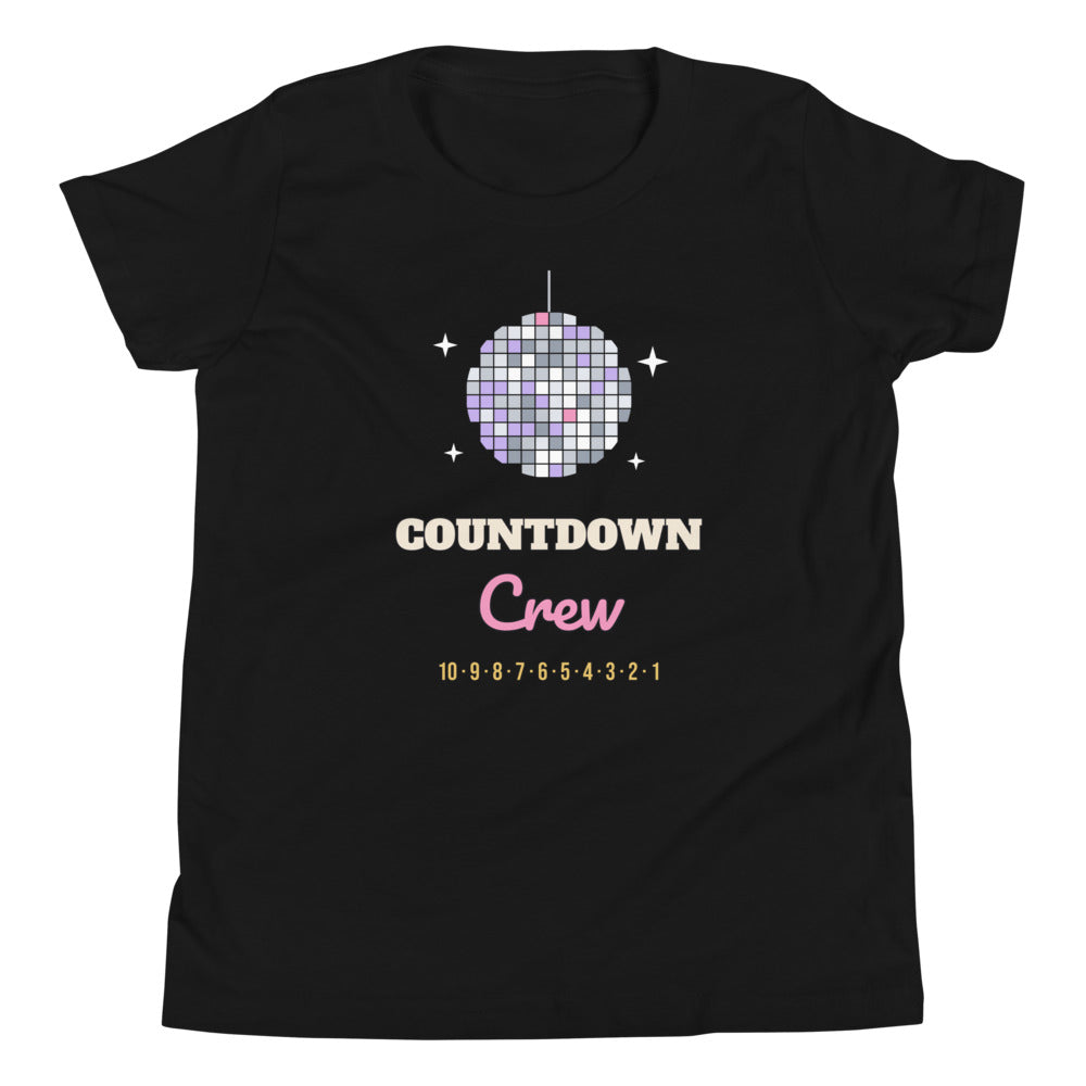 Countdown Crew Kids Tee in black, mockup of the design printed on the front of the kids tee