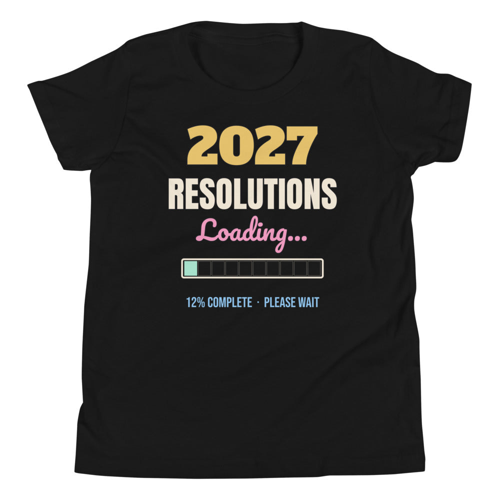 2027 Resolutions Loading Kids Tee in black, mockup of the design printed on the front of the kids tee