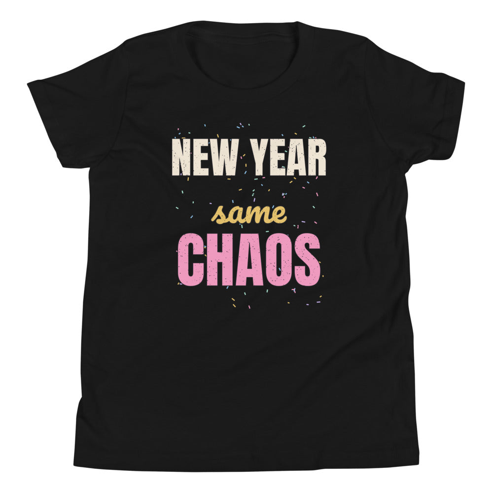 New Year Same Chaos Kids Tee in black, mockup of the design printed on the front of the kids tee