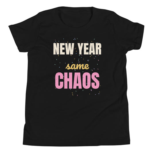 New Year Same Chaos Kids Tee in black, mockup of the design printed on the front of the kids tee