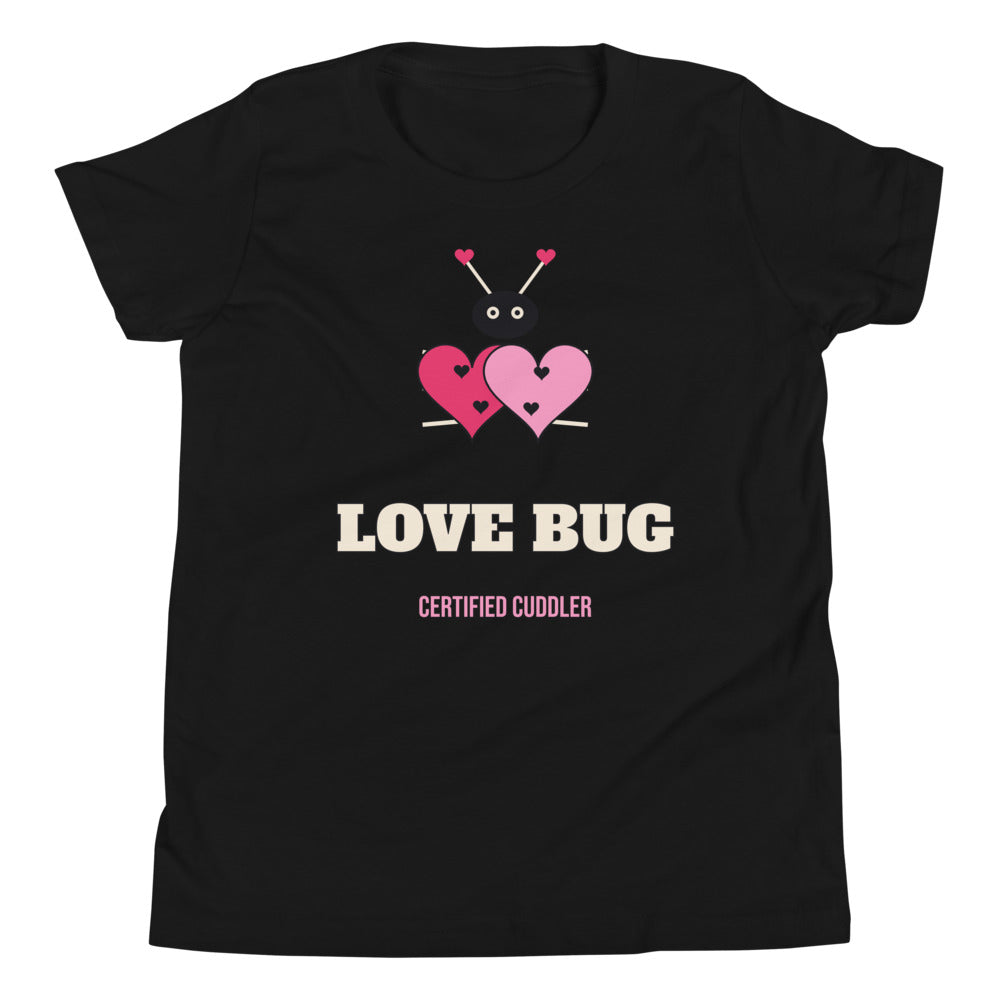 Love Bug Kids Tee in black, mockup of the design printed on the front of the kids tee