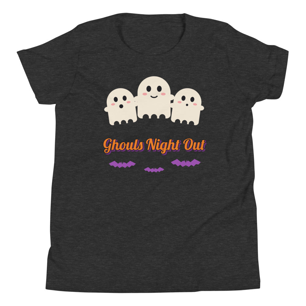 Ghouls Night Out Kids Tee in dark grey heather, mockup of the design printed on the front of the kids tee
