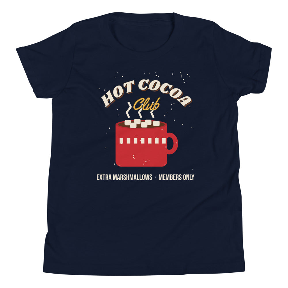 Hot Cocoa Club Kids Tee in navy, mockup of the design printed on the front of the kids tee