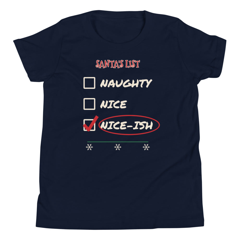 Nice-ish Kids Tee in navy, mockup of the design printed on the front of the kids tee