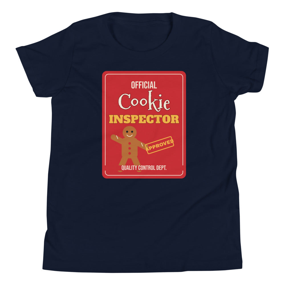 Cookie Inspector Kids Tee in navy, mockup of the design printed on the front of the kids tee
